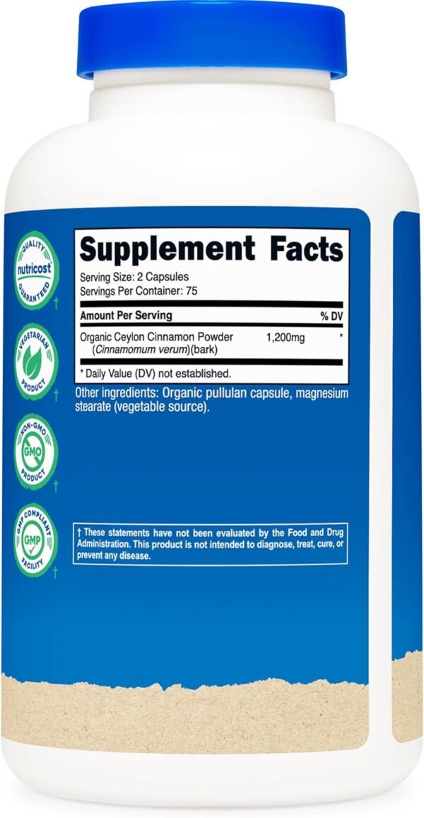 Nutricost Organic Cinnamon (Ceylon Cinnamon) 1,200mg Serving, 150 Capsules - Gluten Free, Non-GMO