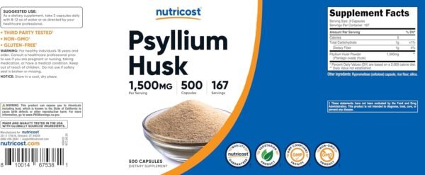 Nutricost Psyllium Husk 1500mg Per Serving, 500 Capsules - Non-GMO & Gluten Free