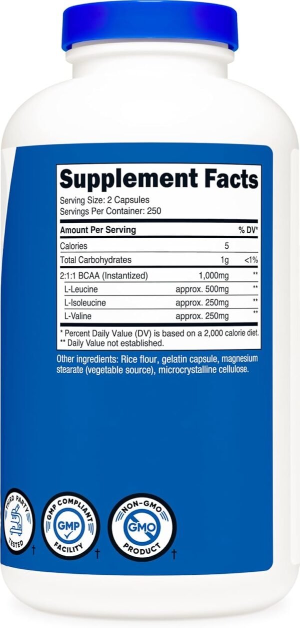 Nutricost BCAA 1000mg, 500 Capsules (250 Serv), 2:1:1 Branched Chain Amino Acids (500mg of L-Leucine, 250mg of L-Isoleucine and L-Valine)