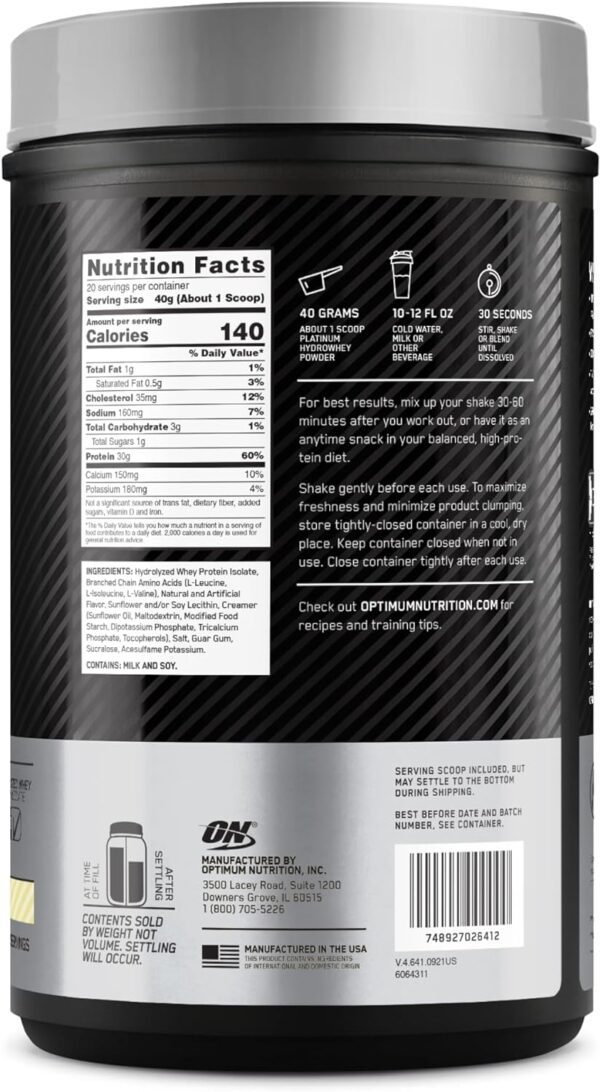 Optimum Nutrition Platinum Hydrowhey Protein Powder, 100% Hydrolyzed Whey Protein Isolate Powder, Flavor: Velocity Vanilla, 20 Servings, 1.76 Pounds (Packaging May Vary)