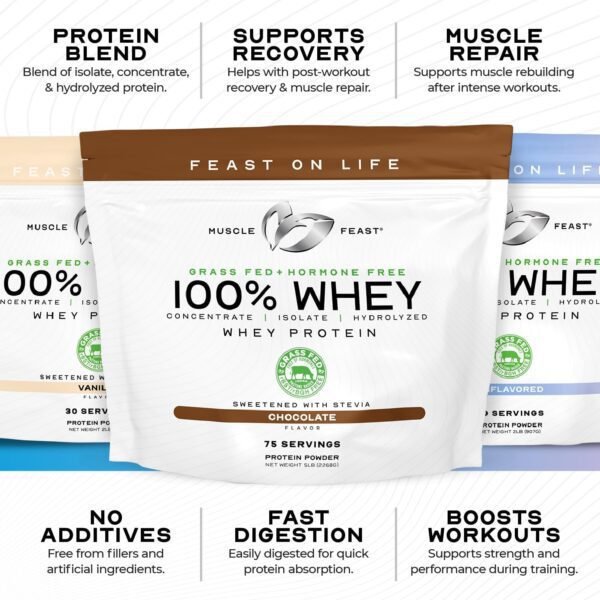Muscle Feast 100% Grass-Fed Whey Protein, Pastured Raised Hormone Free All Natural, Chocolate, 5lb