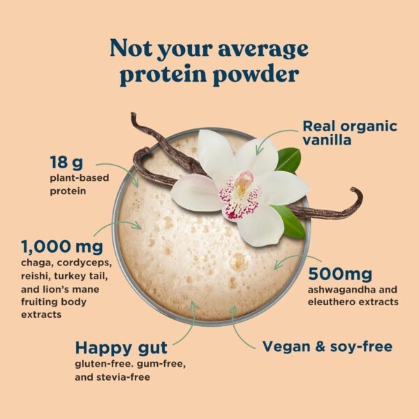 Four Sigmatic Organic Vegan Protein Powder | 18g Plant-Based Protein per Serving | Gluten Free, Dairy Free, Soy Free, Non-GMO with No Filler Ingredients | 21.16oz, 15 Servings | Sweet Vanilla