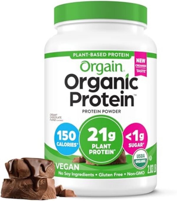 Orgain Organic Vegan Protein Powder, Creamy Chocolate Fudge - 21g Plant Protein, 7g Prebiotic Fiber, Low Net Carb, No Lactose, No Added Sugar, For Shakes & Smoothies, 2.03 lb (Packaging May Vary)
