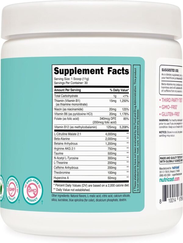 Nutricost Pre-Workout Powder for Women, Blue Raspberry, 30 Servings