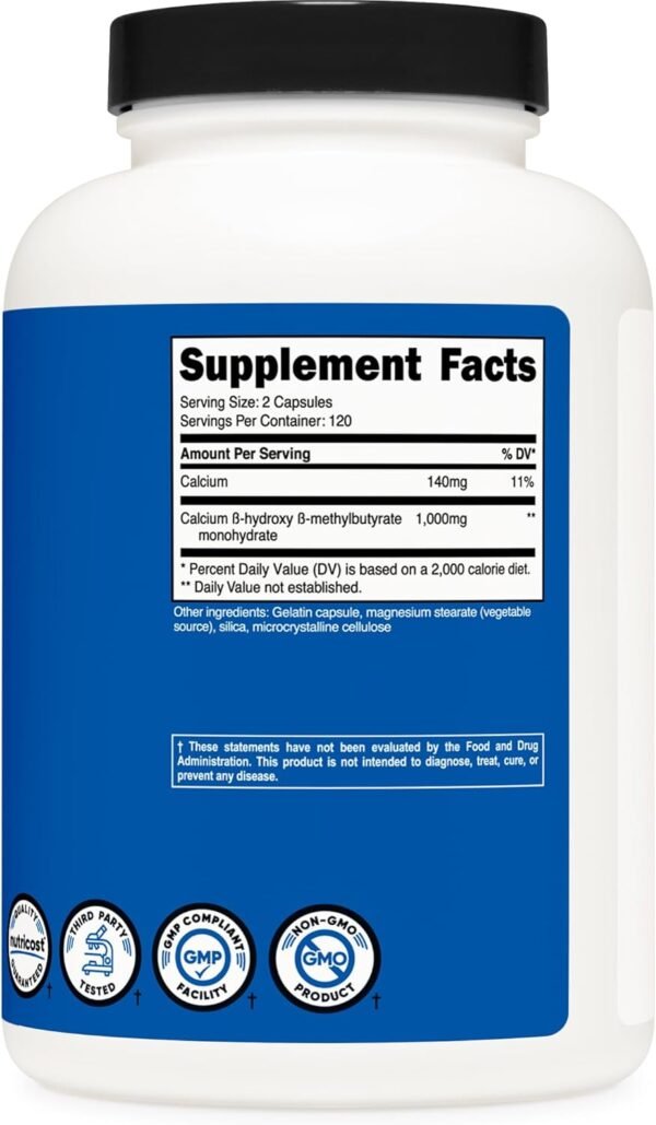 Nutricost HMB (Beta-Hydroxy Beta-Methylbutyrate) 1000mg (240 Capsules) - 500mg Per Capsule, 120 Servings - Gluten Free and Non-GMO