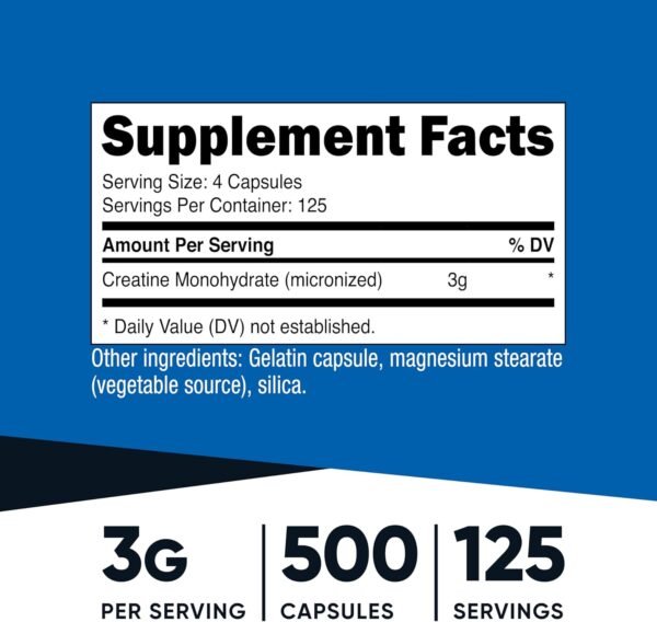 Nutricost Micronized Creatine Monohydrate 3,000mg 500 Capsules, 125 Servings, 750mg of Creatine Monohydrate Per Capsule
