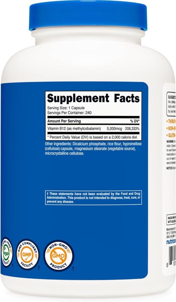 Nutricost Vitamin B12 (Methylcobalamin) 5000mcg, 240 Capsules - Vegetarian Caps, Non-GMO, Gluten Free B12 Supplement