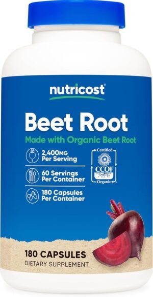 Nutricost Beet Root 2400mg, 180 Capsules - CCOF Certified Made with Organic Beet Root, Superfood, 60 Servings
