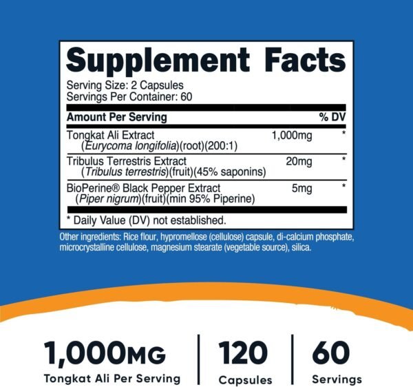 Nutricost Tongkat Ali 1,000mg 120 Capsules - with Tribulus Terrestris and BioPerine, Vegetarian Caps, Non-GMO, Gluten Free, Potent Extract