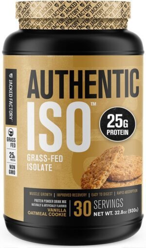 Jacked Factory Authentic ISO Grass Fed Whey Protein Isolate Powder - Low Carb, Non-GMO Muscle Building Protein w/No Fillers, Mixes Perfectly, Vanilla Oatmeal Cookie - 2LB, 30 SV