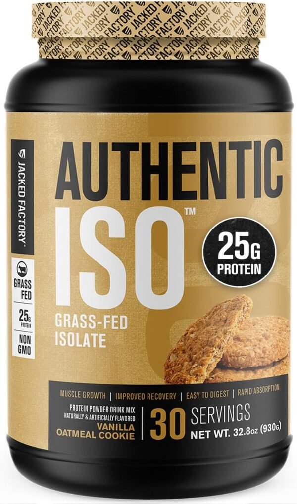 Jacked Factory Authentic ISO Grass Fed Whey Protein Isolate Powder - Low Carb, Non-GMO Muscle Building Protein w/No Fillers, Mixes Perfectly, Vanilla Oatmeal Cookie - 2LB, 30 SV