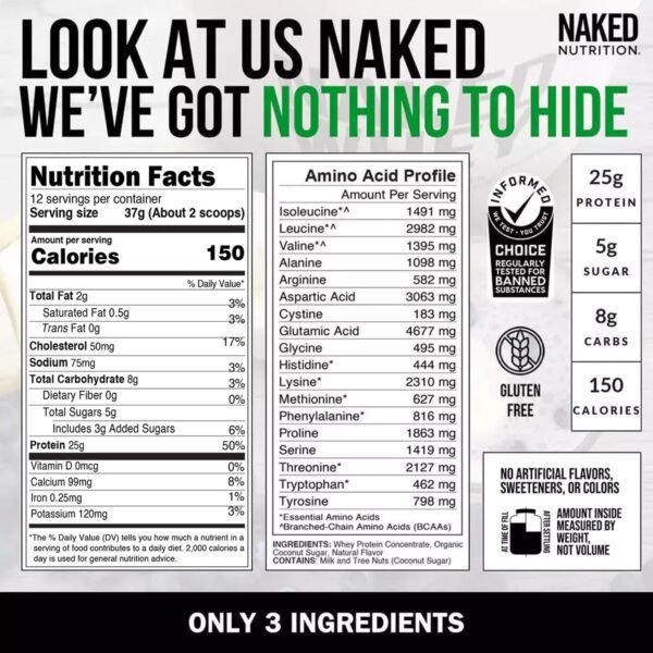 Naked Vanilla Whey Protein 1Lb, Only 3 Ingredients, All Natural Grass Fed Whey Protein Powder + Vanilla + Coconut Sugar- GMO-Free, Soy Free, Gluten Free. Aid Muscle Growth, 12 Servings