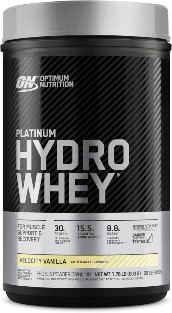 Optimum Nutrition Platinum Hydrowhey Protein Powder, 100% Hydrolyzed Whey Protein Isolate Powder, Flavor: Velocity Vanilla, 20 Servings, 1.76 Pounds (Packaging May Vary)