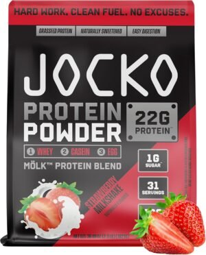 Jocko Fuel Mölk Whey Protein Powder 22g Low Sugar Monk Fruit Blend - Muscle Recovery & Growth, Packaging May Vary (31 Servings, Strawberry Milkshake)