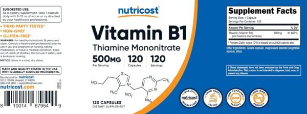 Nutricost Vitamin B1 (Thiamine) 500mg, 120 Capsules