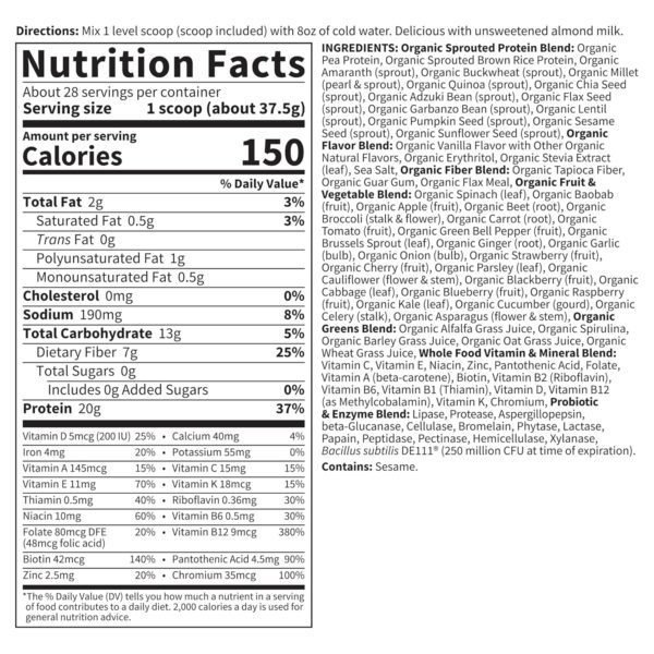 Garden of Life Meal Replacement Shakes, Vegan Protein Powder, Raw Organic Protein Powder, Vanilla Protein Powder with Plant Based Pea Protein, Sprouts, Greens, Probiotics, Dairy Free 28 Servings