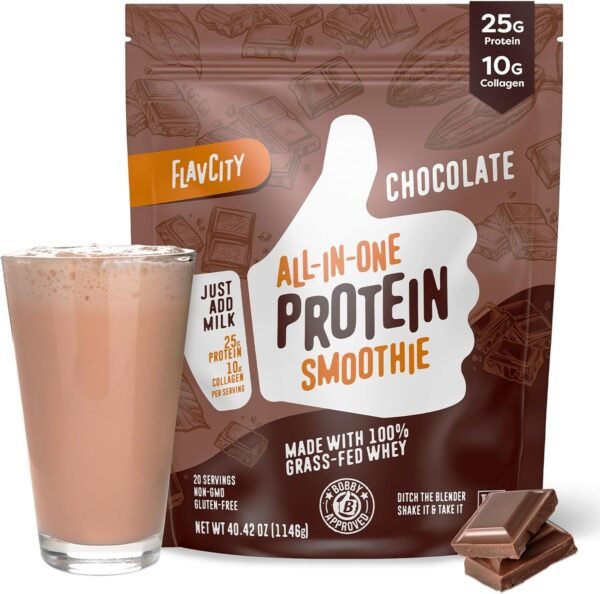 FlavCity Protein Powder Smoothie, Chocolate - 100% Grass-Fed Whey Protein Smoothie with Collagen (25g of Protein) - Gluten Free & No Added Sugars (40.42 oz)