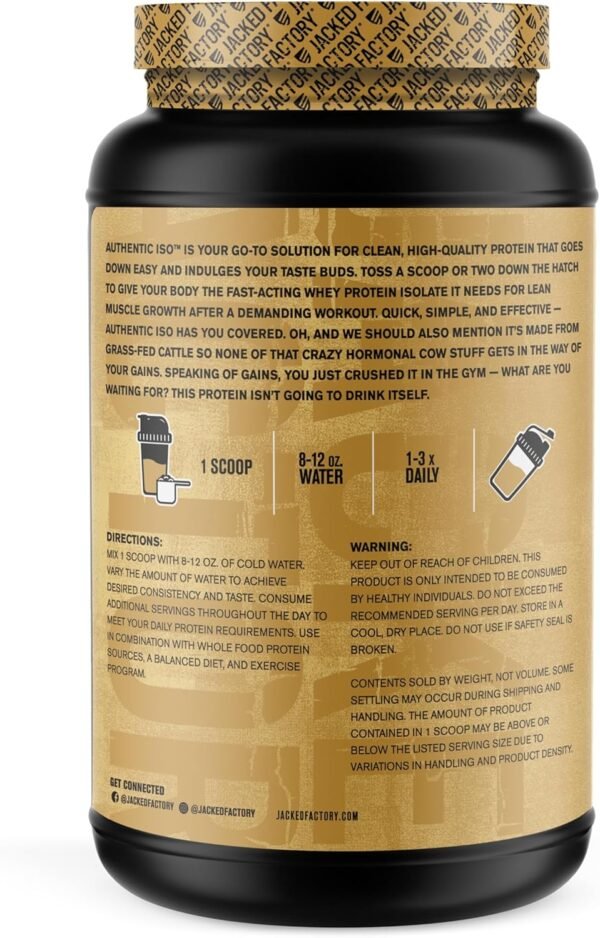 Jacked Factory Authentic ISO Grass Fed Whey Protein Isolate Powder - Low Carb, Non-GMO Muscle Building Protein w/No Fillers, Mixes Perfectly, Vanilla Oatmeal Cookie - 2LB, 30 SV
