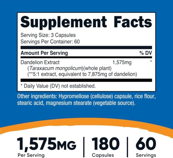 Nutricost Dandelion Extract Capsules 1575mg Per Serving (180 Caps, 60 Servings) - 525mg Per Capsule (5:1 Extract, Equivalent to 7,875mg), Non-GMO, Gluten Free