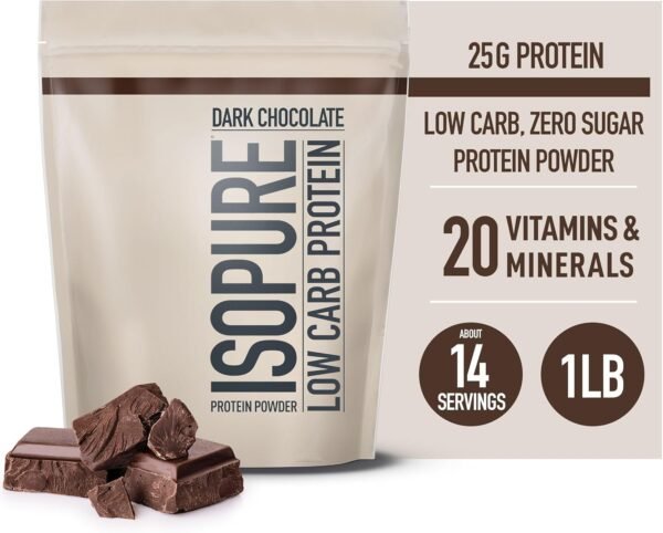 Isopure Low Carb 100% Pure Whey Isolate Protein Powder, Lactose Free, Gluten Free, With Vitamins, Dark Chocolate, 25g Protein Per Serving, 1 Lb, 14 Servings