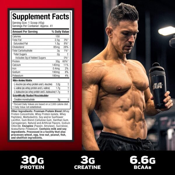 Muscletech Whey Protein Powder (Vanilla Cream, 4 Pound) - Nitro-Tech Muscle Building Formula with Whey Protein Isolate & Peptides - 30g of Protein, 3g of Creatine & 6.6g of BCAA