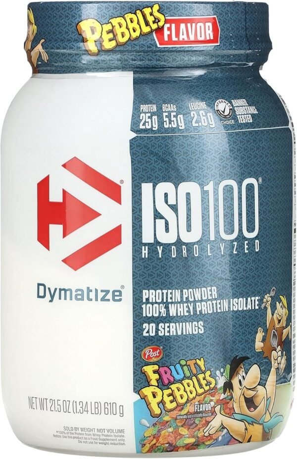 Dymatize ISO100 Whey Protein Powder Isolate, Fruity Pebbles, 25g of Protein, 20 Servings, 5.5g BCAAs, Less Than 120 Cal., Gluten Free, 1g Fat, 1g Sugar, 2g Carb