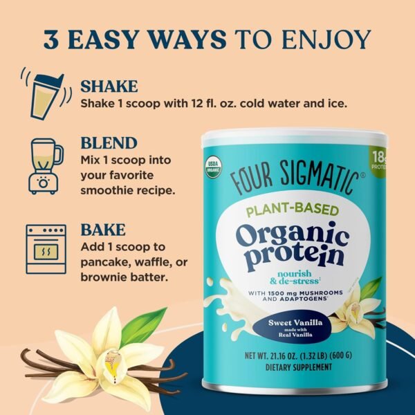 Four Sigmatic Organic Vegan Protein Powder | 18g Plant-Based Protein per Serving | Gluten Free, Dairy Free, Soy Free, Non-GMO with No Filler Ingredients | 21.16oz, 15 Servings | Sweet Vanilla