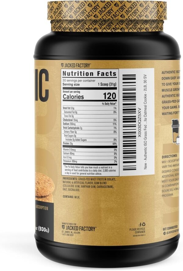 Jacked Factory Authentic ISO Grass Fed Whey Protein Isolate Powder - Low Carb, Non-GMO Muscle Building Protein w/No Fillers, Mixes Perfectly, Vanilla Oatmeal Cookie - 2LB, 30 SV