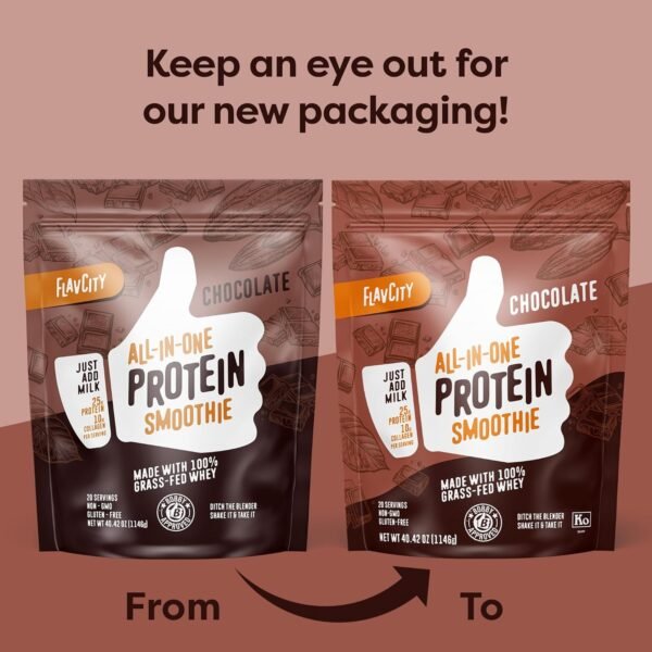 FlavCity Protein Powder Smoothie, Chocolate - 100% Grass-Fed Whey Protein Smoothie with Collagen (25g of Protein) - Gluten Free & No Added Sugars (40.42 oz)