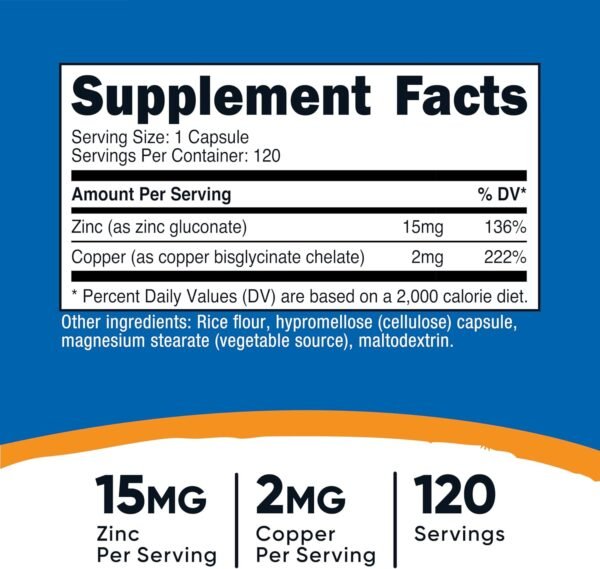 Nutricost Zinc + Copper Capsules (120 Servings)(15MG Zinc + 2MG Copper Per Serving) - Non GMO, Vegetarian