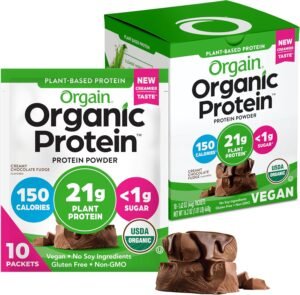 Orgain Organic Vegan Protein Powder Travel Pack, Creamy Chocolate Fudge - 21g of Plant Based Protein, 6g of Fiber, No Dairy, Gluten, Soy or Added Sugar, Non-GMO, 10 Count