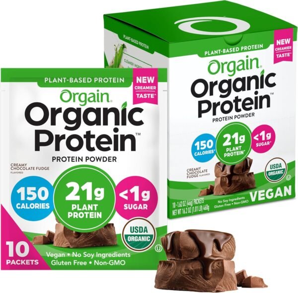 Orgain Organic Vegan Protein Powder Travel Pack, Creamy Chocolate Fudge - 21g of Plant Based Protein, 6g of Fiber, No Dairy, Gluten, Soy or Added Sugar, Non-GMO, 10 Count
