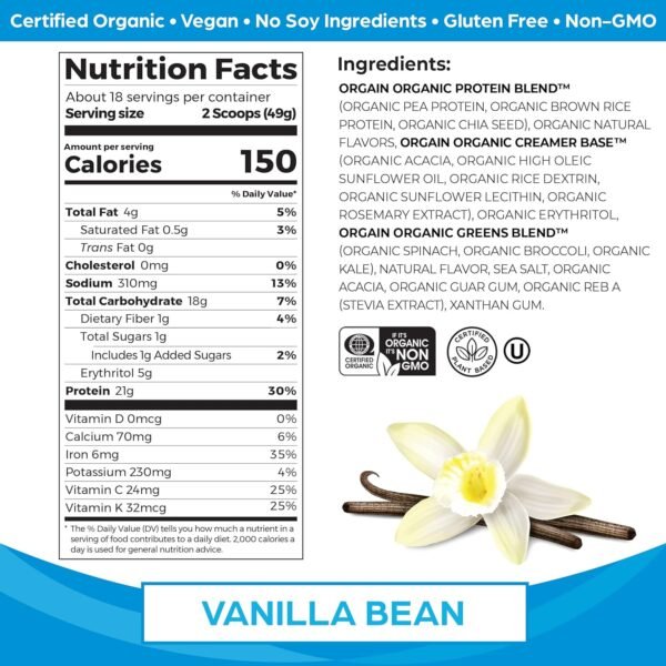 Orgain Organic Vegan Protein Powder + Greens, Vanilla Bean - 21g Plant Based Protein, 6g Prebiotic Fiber for Gut Health, Gluten Free, No Lactose Ingredients, No Sugar Added, Non-GMO - 1.94lb