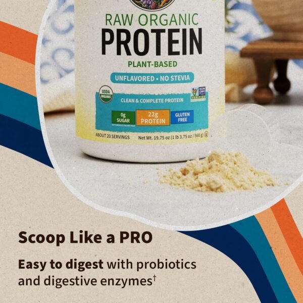 Organic Vegan Protein Powder, Unflavored Protein Powder, Garden of Life 22g Plant Based Protein & BCAAs, Organic Protein Powder with Probiotics & Enzymes, Non-GMO, Gluten-Free Lactose Free 1.2 LB