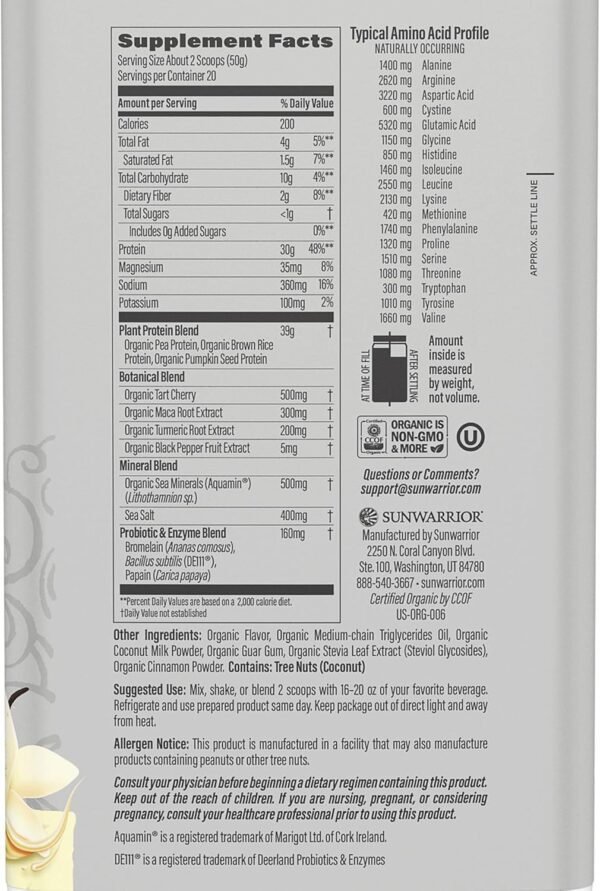 Sunwarrior Vegan Protein Powder Plant-Based USDA Organic BCAAs | Sugar, Gluten, Dairy Free Non-GMO | Vanilla Flavored 20 Servings | Sport Active