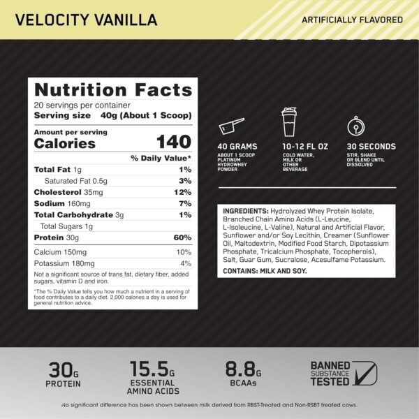 Optimum Nutrition Platinum Hydrowhey Protein Powder, 100% Hydrolyzed Whey Protein Isolate Powder, Flavor: Velocity Vanilla, 20 Servings, 1.76 Pounds (Packaging May Vary)