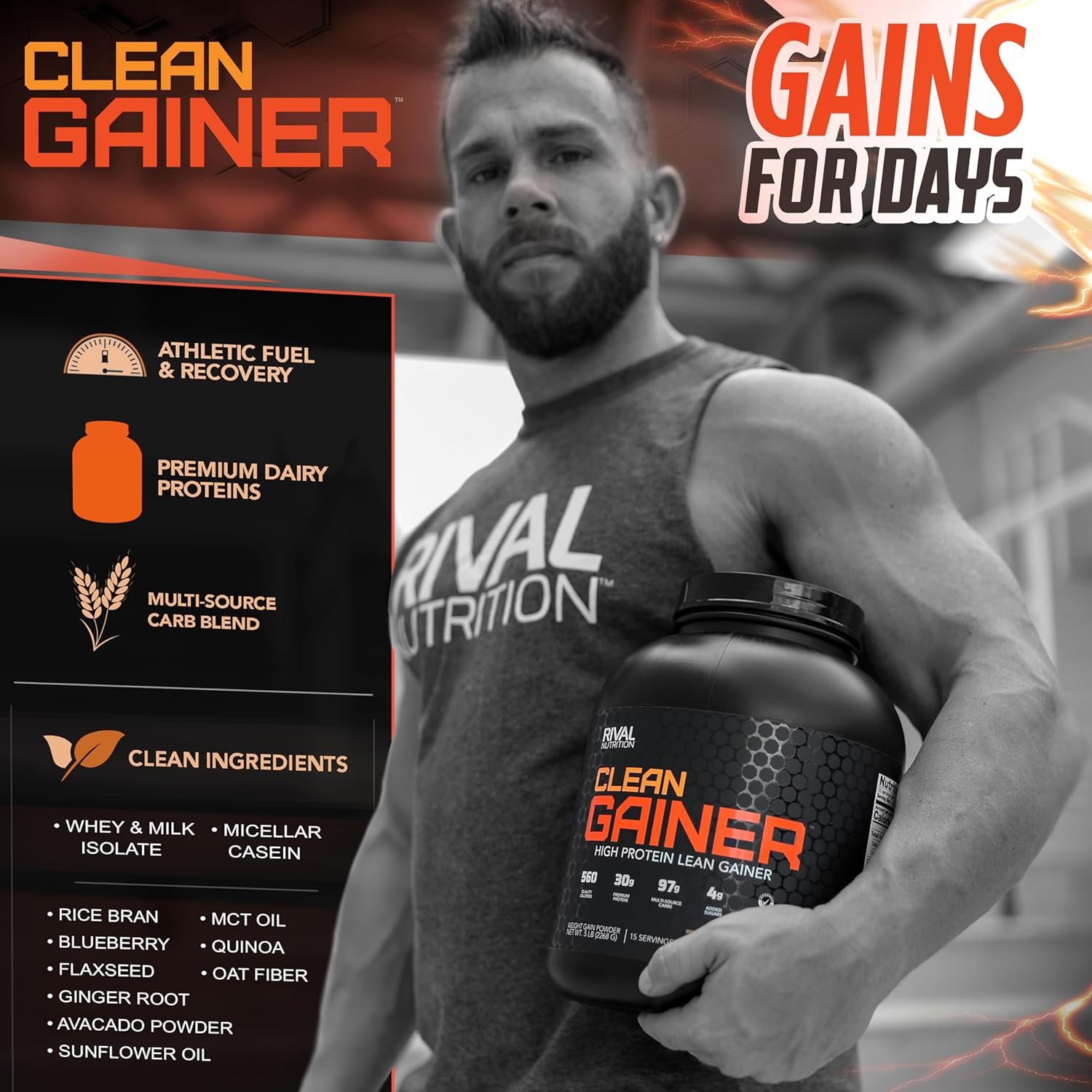 Rivalus Clean Gainer - Chocolate Fudge 10 Pound - Delicious Lean Mass Gainer with Premium Dairy Proteins, Complex Carbohydrates, and Quality Lipids, No Banned Substances, Made in USA