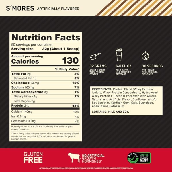 Optimum Nutrition 100% Gold Standard Whey Protein Powder - Protein Powder with a Blend of Hydrolyzed, Isolate & Whey - for Muscle Recovery - S'Mores, 5.64 lb (80 Servings)