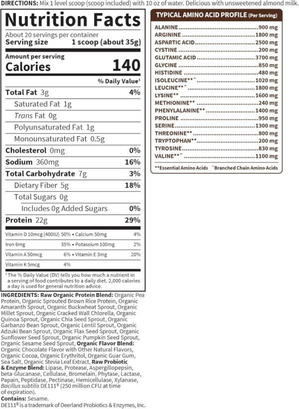 Organic Vegan Chocolate Protein Powder - Garden of Life – 22g Complete Plant Based Raw Protein & BCAAs Plus Probiotics & Digestive Enzymes for Easy Digestion, Non-GMO Gluten-Free, Lactose Free 1.5 LB