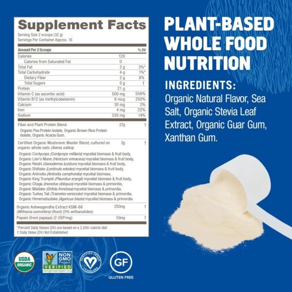 OM MUSHROOM SUPERFOOD Master Blend Plant-Based Protein Powder, 18.27 Ounce, 16 Servings, Creamy Vanilla Protein with 10 Mushroom Complex, Lions Mane, Adaptogens for Optimal Health and Recovery