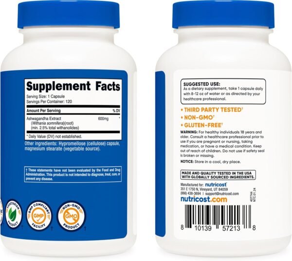 Nutricost Ashwagandha Herbal Supplement 600mg, 120 Capsules - Vegetarian, Non-GMO, Gluten Free, Ashwagandha Root