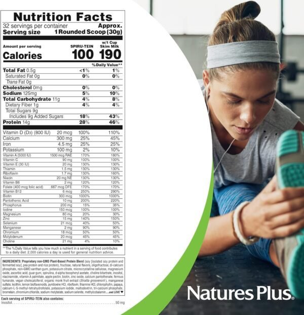 NaturesPlus SPIRU-TEIN, Vanilla - 2.12 lbs - Spirulina Protein Powder - Vitamins & Minerals for Energy - Vegetarian, Gluten Free - 32 Servings