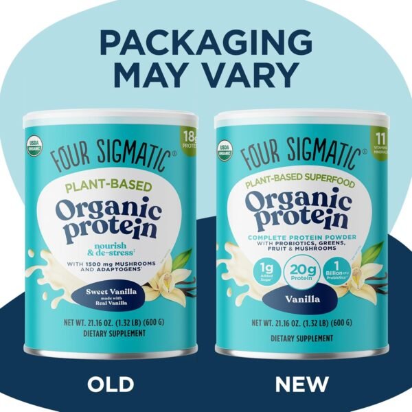 Four Sigmatic Organic Vegan Protein Powder | 18g Plant-Based Protein per Serving | Gluten Free, Dairy Free, Soy Free, Non-GMO with No Filler Ingredients | 21.16oz, 15 Servings | Sweet Vanilla