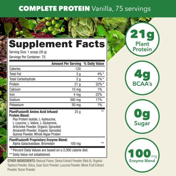 PlantFusion Complete Vegan Protein Powder - Plant Based Protein Powder with BCAAs, Digestive Enzymes and Pea Protein - Keto, Gluten Free, Soy Free, Non-Dairy, No Sugar, Non-GMO - Vanilla Bean 5lb Bulk