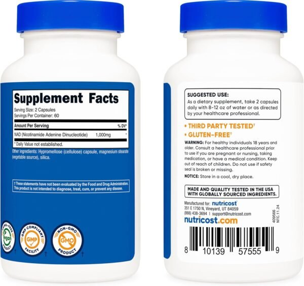 Nutricost NAD+ Supplement 1,000mg per Serving,120 Capsules (Nicotinamide Adenine Dinucleotide) - 60 Servings, Gluten-Free, Vegan
