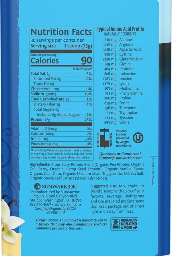 Sunwarrior Vegan Protein Powder Organic Plant-Based Protein | BCAA Amino Acids Hemp Seed Plant Protein | Soy Free Dairy Free Gluten Free Synthetic Free Non-GMO | Vanilla 30 Servings | Warrior Blend