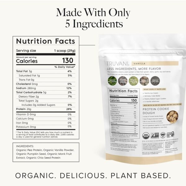 Truvani Vegan Pea Protein Powder | Vanilla | 20g Organic Plant Based Protein Per Serving | 20 Servings | Keto | Gluten & Dairy Free | Low Carb | No Added Sugar