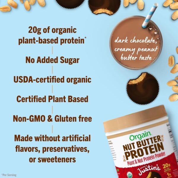Orgain X Justin's ® Organic Vegan Nut Butter Protein Powder, Chocolate Peanut Butter- 20g Plant Protein, 1g Sugar, Gluten Free, No Dairy, Soy Ingredients, or Artificial Flavors, 1.17 lb