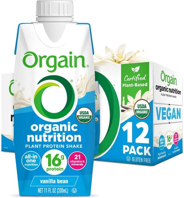 Orgain Organic Nutritional Vegan Protein Shake, Vanilla Bean - 16g Plant Based Protein, Meal Replacement, 21 Vitamins & Minerals, Fruits & Vegetables, Gluten Free, Non-GMO, 11 Fl Oz (Pack of 12)