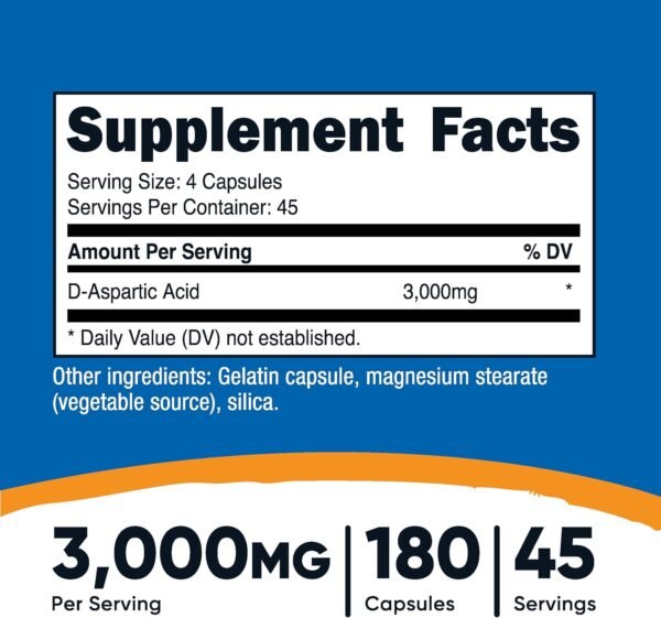 Nutricost D-Aspartic Acid (DAA) Capsules 3000mg Per Serving (180 Capsules) - Non-GMO